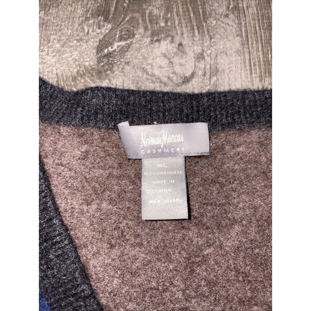 Neiman Marcus Cashmere Sweater Mens X-Large Blue Gray Green V-Neck Colorblock - Picture 3 of 12